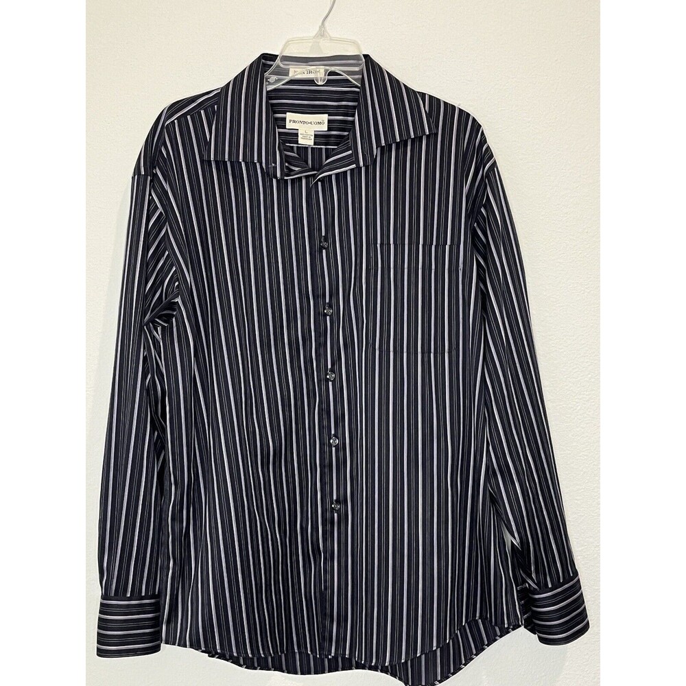 Pronto Uomo Non-Iron‎ Men's Dress Shirt Navy Stripe 100% Cotton Long Sleeve L